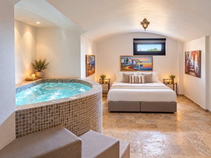 Master υπνοδωμάτιο και ιδιωτικό υπόσκαφο spa - Golden Moments Luxury Villas - Σαντορίνη