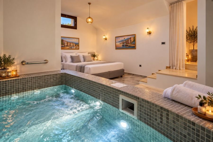 Elegant bedrooms and a private cave-style spa Elegant bedrooms and a private cave-style spa